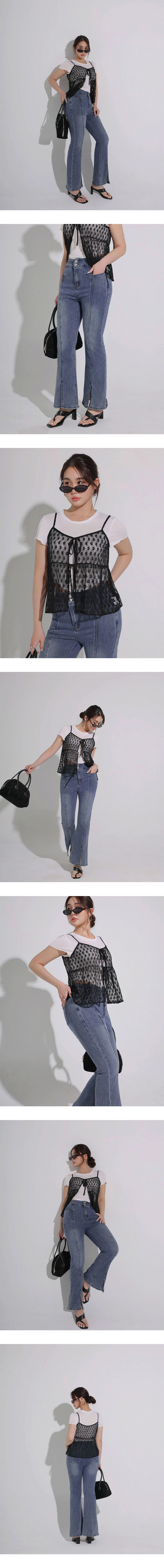 雙扣高腰修身前車線褲管開衩小喇叭牛仔褲