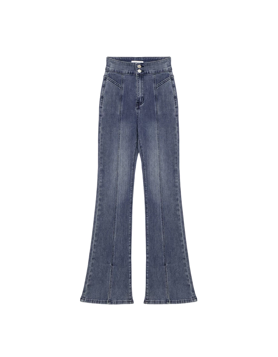 雙扣高腰修身前車線褲管開衩小喇叭牛仔褲