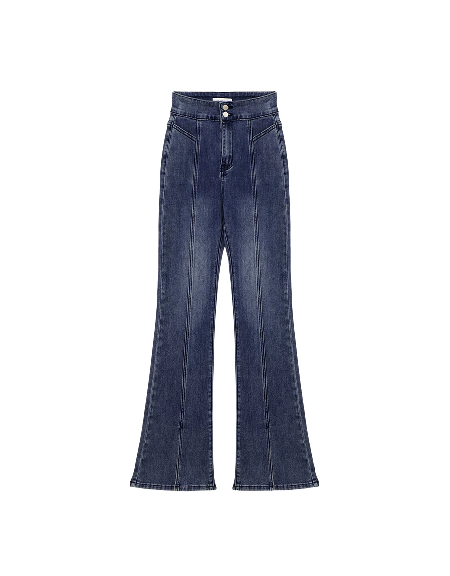 雙扣高腰修身前車線褲管開衩小喇叭牛仔褲