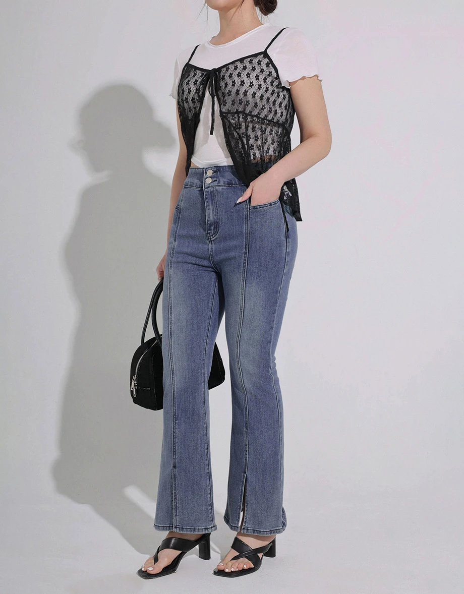 雙扣高腰修身前車線褲管開衩小喇叭牛仔褲