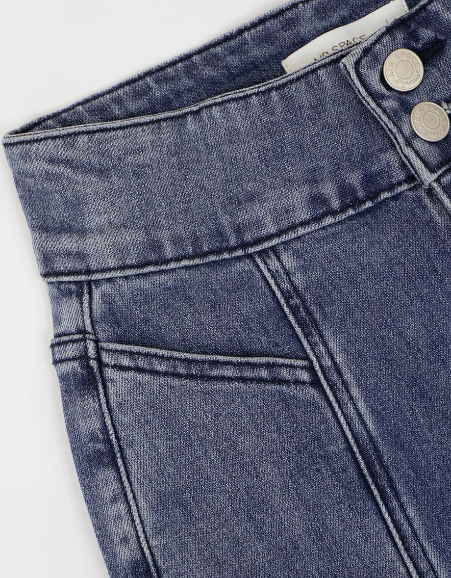 雙扣高腰修身前車線褲管開衩小喇叭牛仔褲