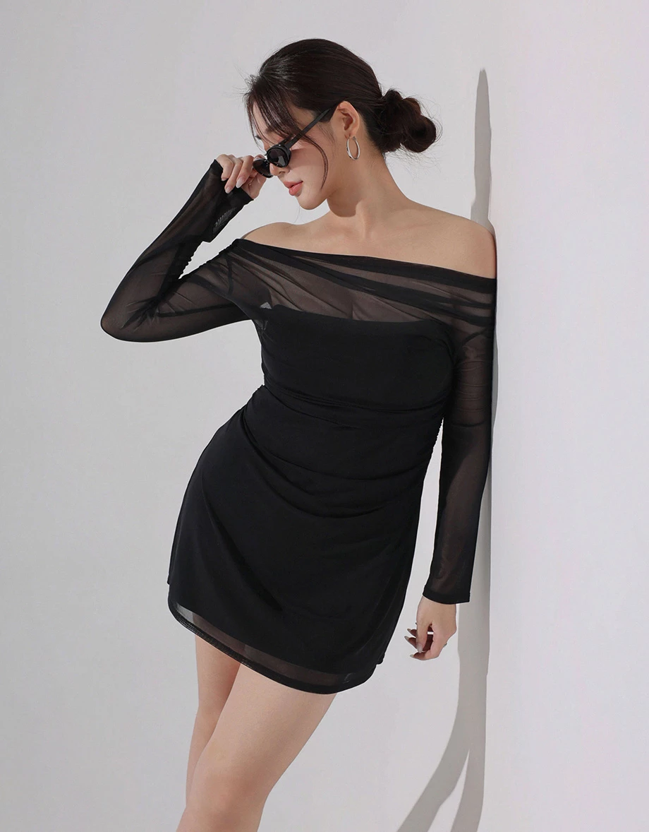 2 Way Off the Shoulder Mesh Ruched Padded Mini Dress