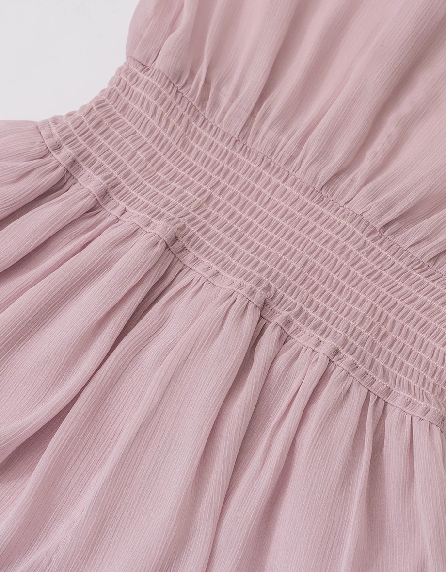 V領荷葉邊七分袖皺褶收腰雙層傘擺透膚雪紡短洋裝