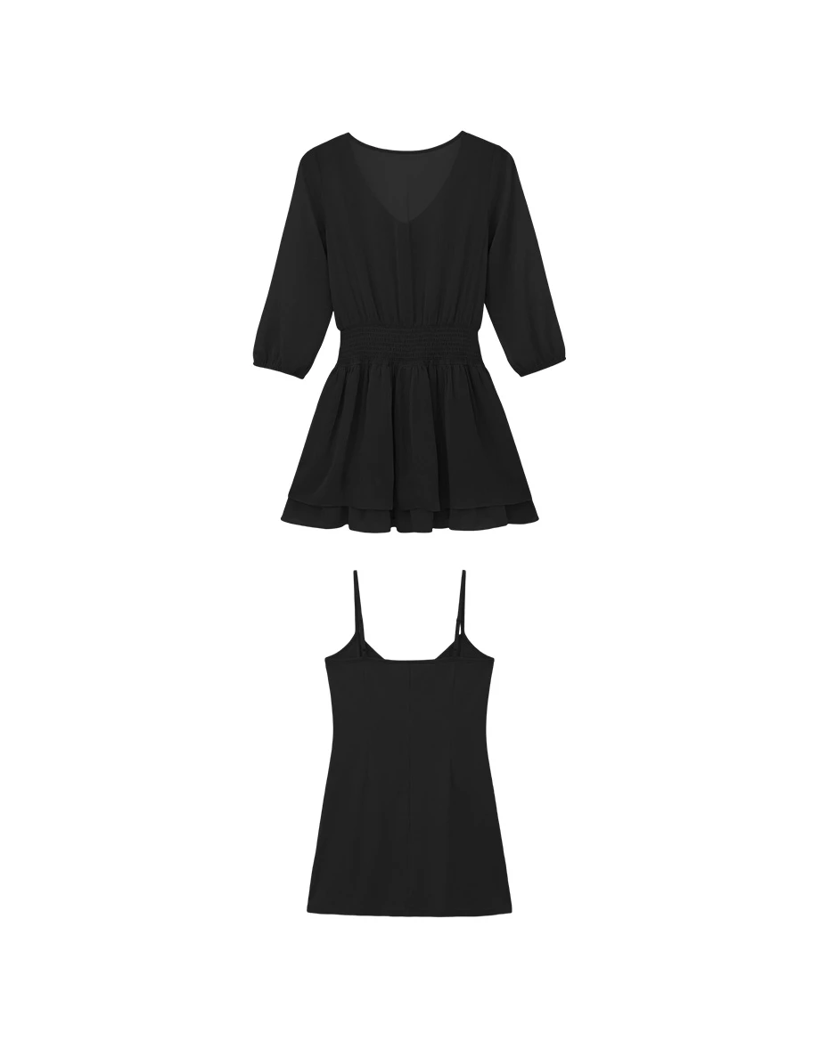 V領荷葉邊七分袖皺褶收腰雙層傘擺透膚雪紡短洋裝