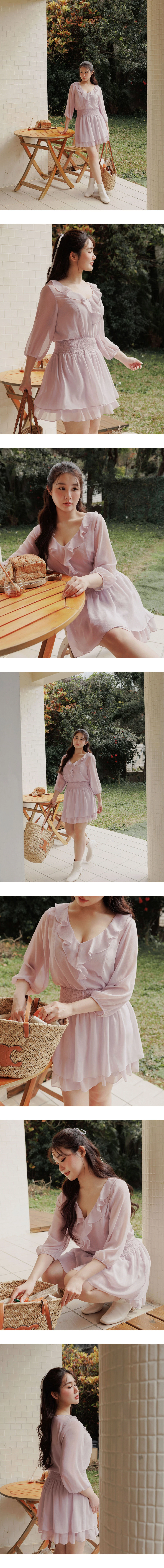 V領荷葉邊七分袖皺褶收腰雙層傘擺透膚雪紡短洋裝