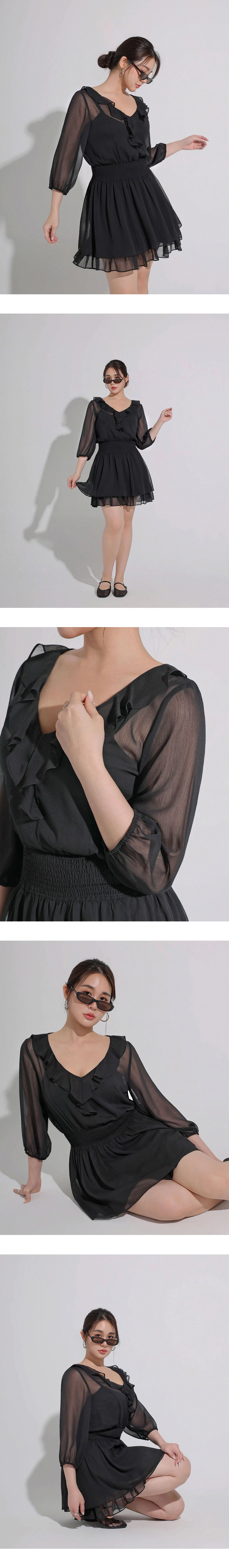 V領荷葉邊七分袖皺褶收腰雙層傘擺透膚雪紡短洋裝