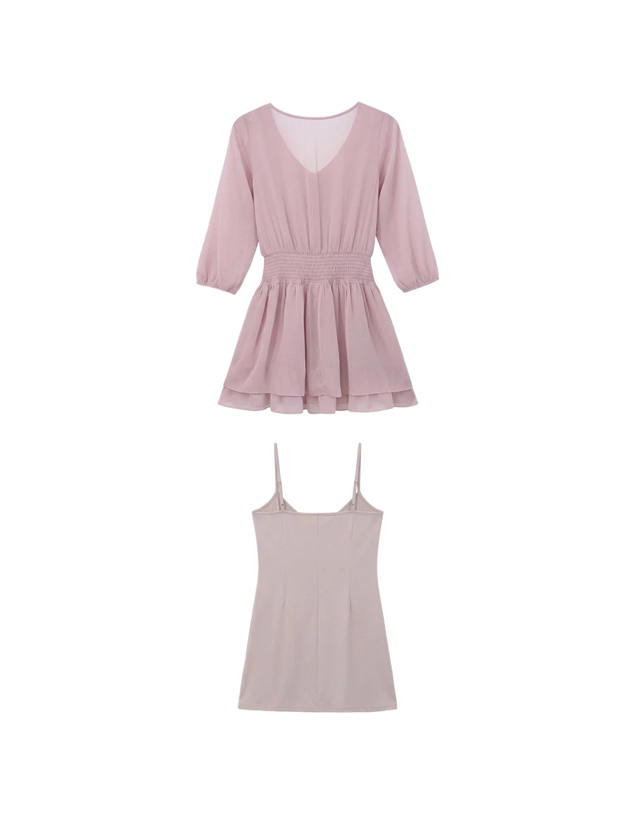 V領荷葉邊七分袖皺褶收腰雙層傘擺透膚雪紡短洋裝