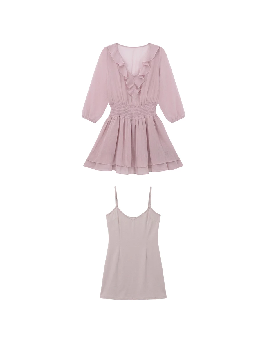 V領荷葉邊七分袖皺褶收腰雙層傘擺透膚雪紡短洋裝