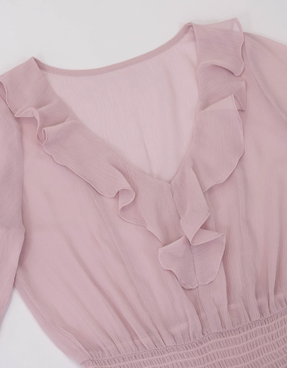 V領荷葉邊七分袖皺褶收腰雙層傘擺透膚雪紡短洋裝