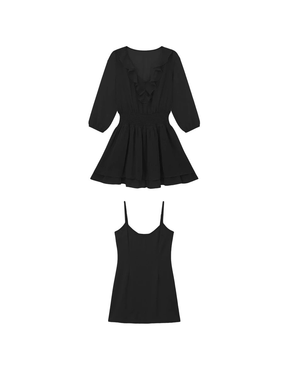 V領荷葉邊七分袖皺褶收腰雙層傘擺透膚雪紡短洋裝