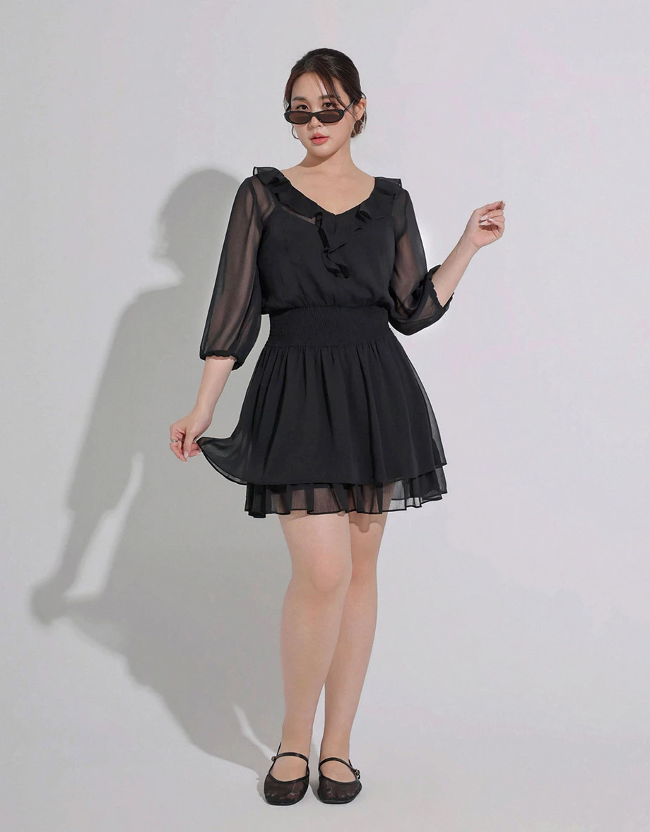 V領荷葉邊七分袖皺褶收腰雙層傘擺透膚雪紡短洋裝