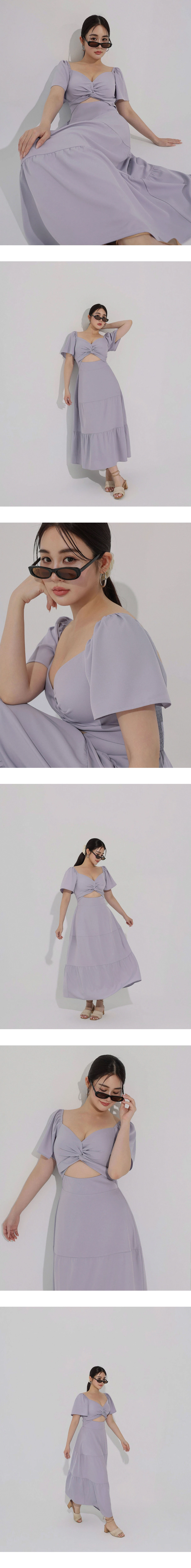 桃心領扭結抓褶鏤空公主袖蛋糕長洋裝(附胸墊)