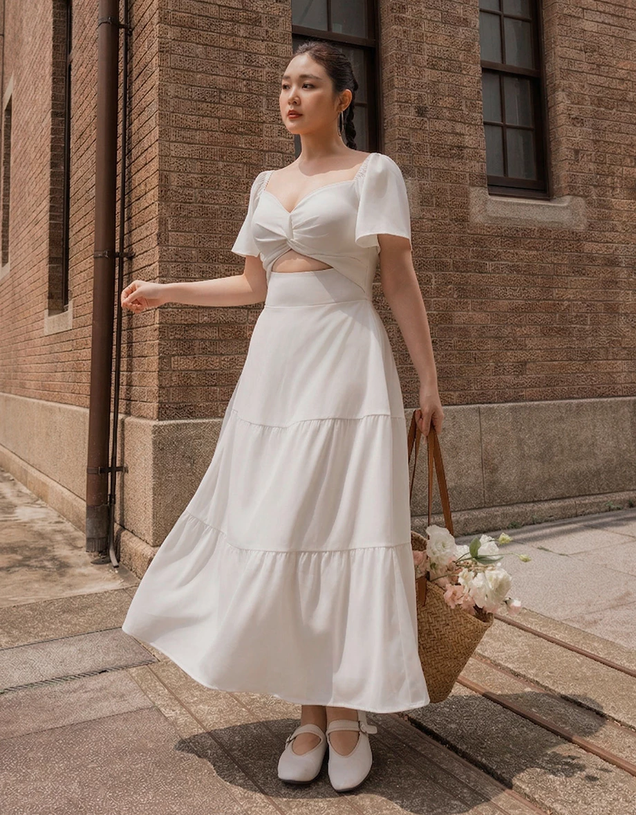 桃心領扭結抓褶鏤空公主袖蛋糕長洋裝(附胸墊)