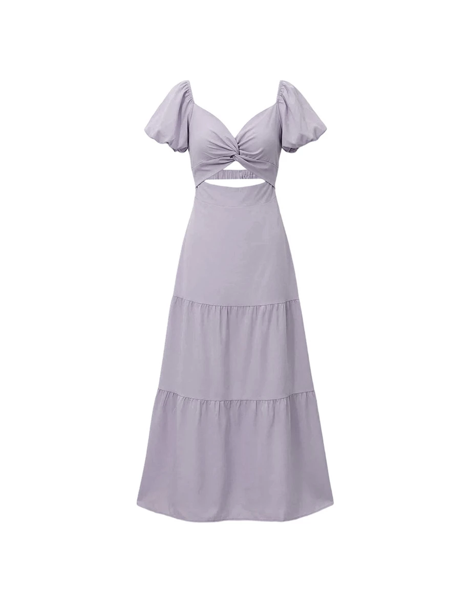 桃心領扭結抓褶鏤空公主袖蛋糕長洋裝(附胸墊)