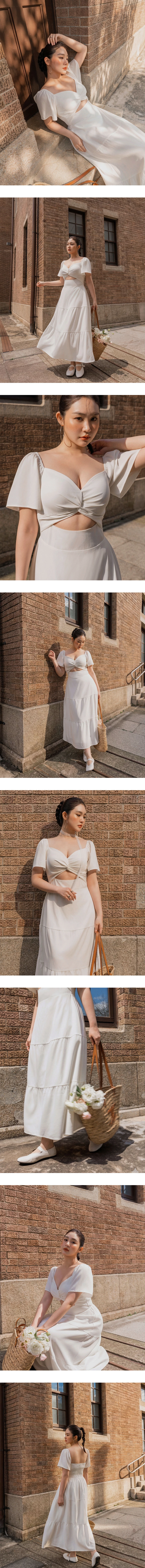 桃心領扭結抓褶鏤空公主袖蛋糕長洋裝(附胸墊)