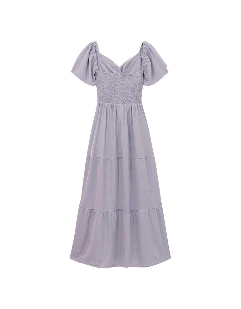 桃心領扭結抓褶鏤空公主袖蛋糕長洋裝(附胸墊)