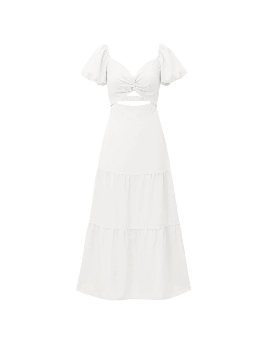 桃心領扭結抓褶鏤空公主袖蛋糕長洋裝(附胸墊)