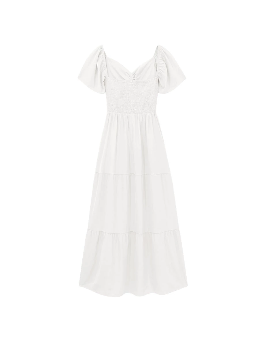 桃心領扭結抓褶鏤空公主袖蛋糕長洋裝(附胸墊)