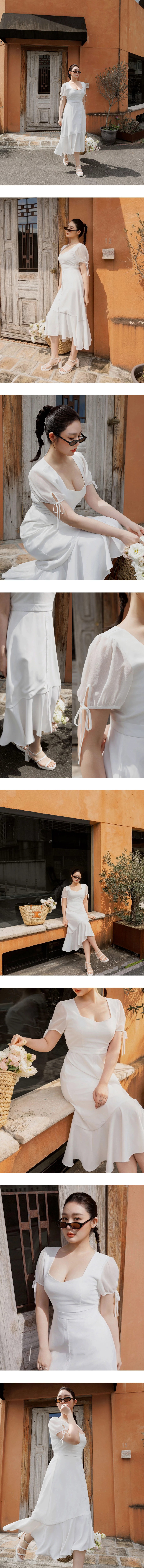 V領綁帶公主袖拼接荷葉裙擺長洋裝