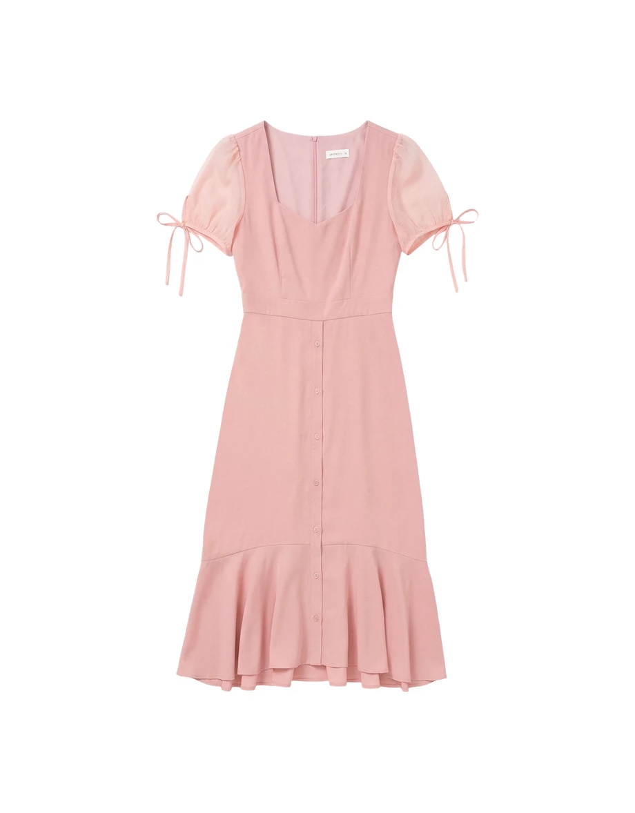 V領綁帶公主袖拼接荷葉裙擺長洋裝