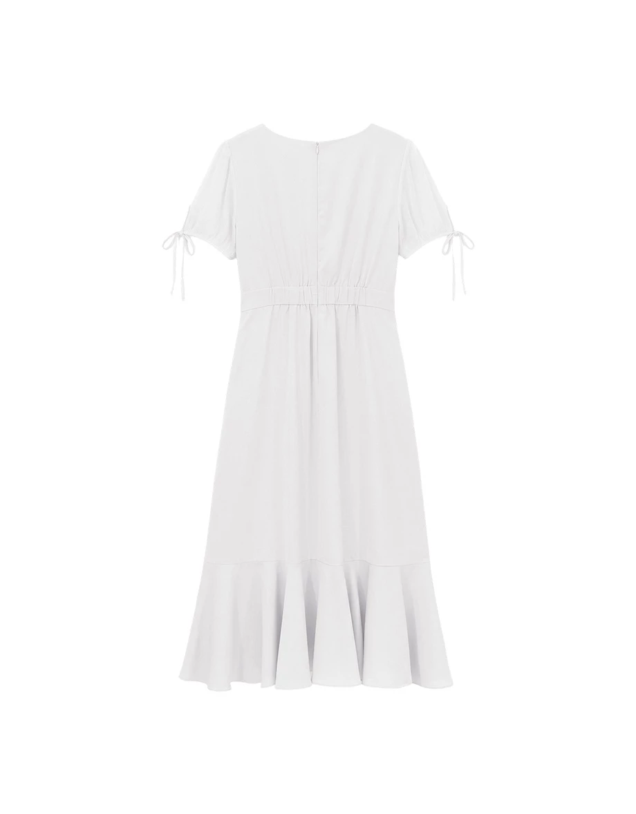 V領綁帶公主袖拼接荷葉裙擺長洋裝