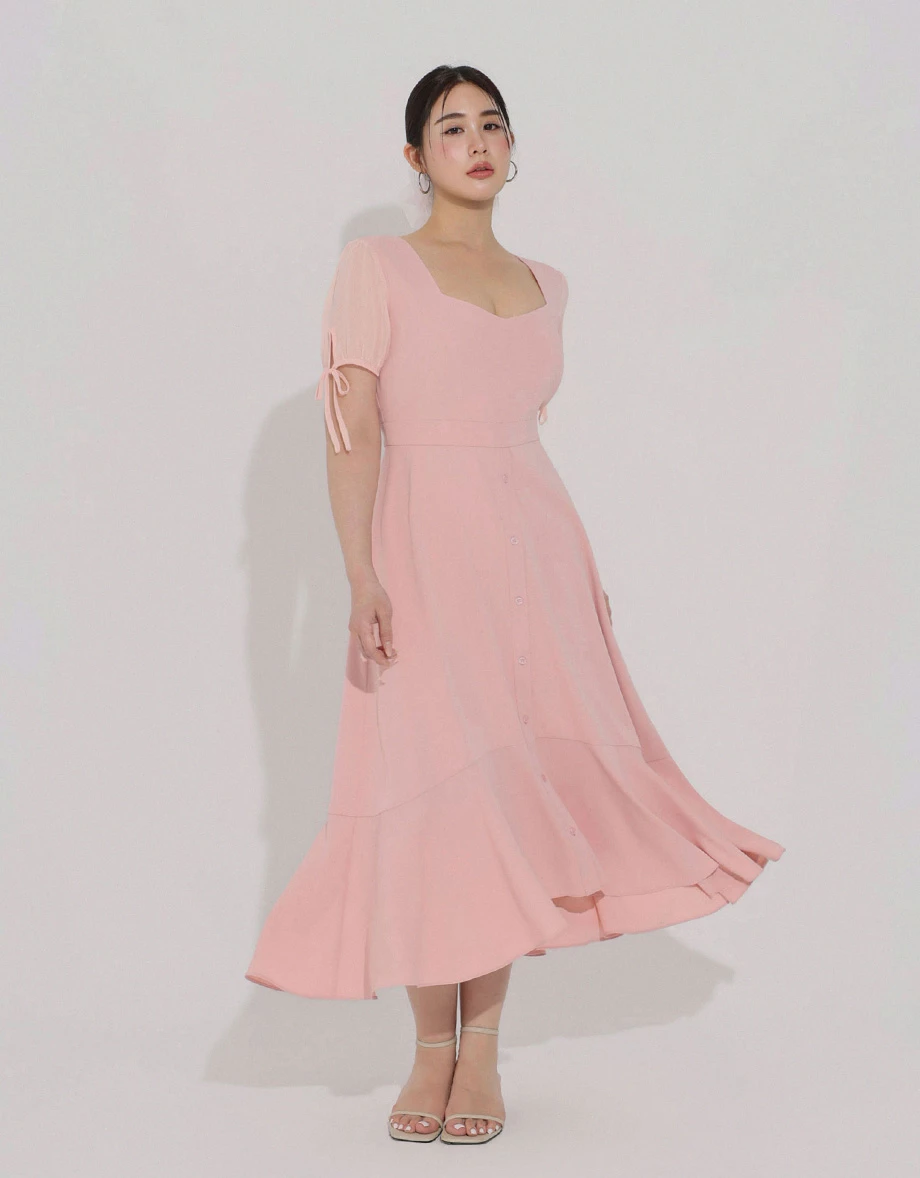 V領綁帶公主袖拼接荷葉裙擺長洋裝