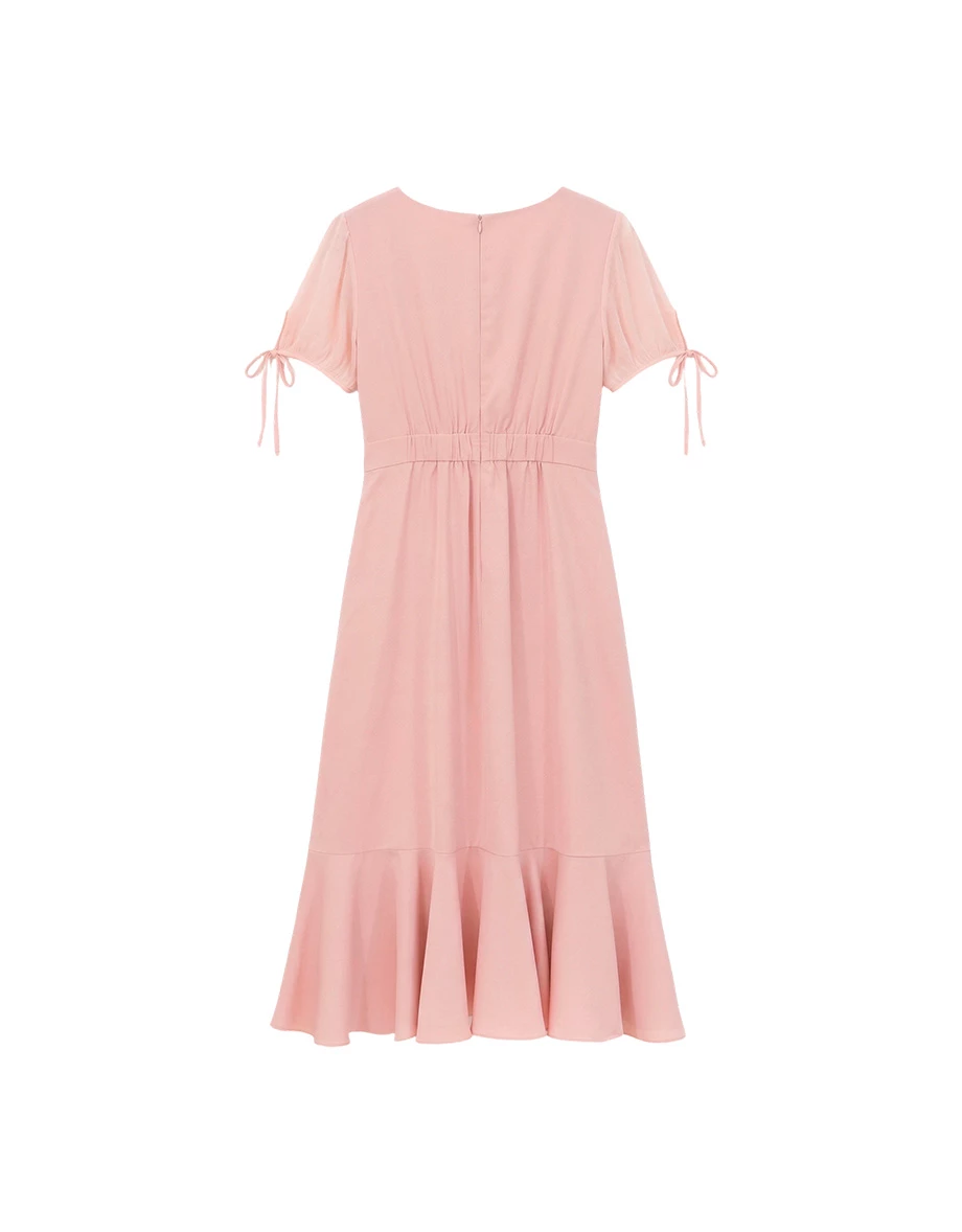 V領綁帶公主袖拼接荷葉裙擺長洋裝