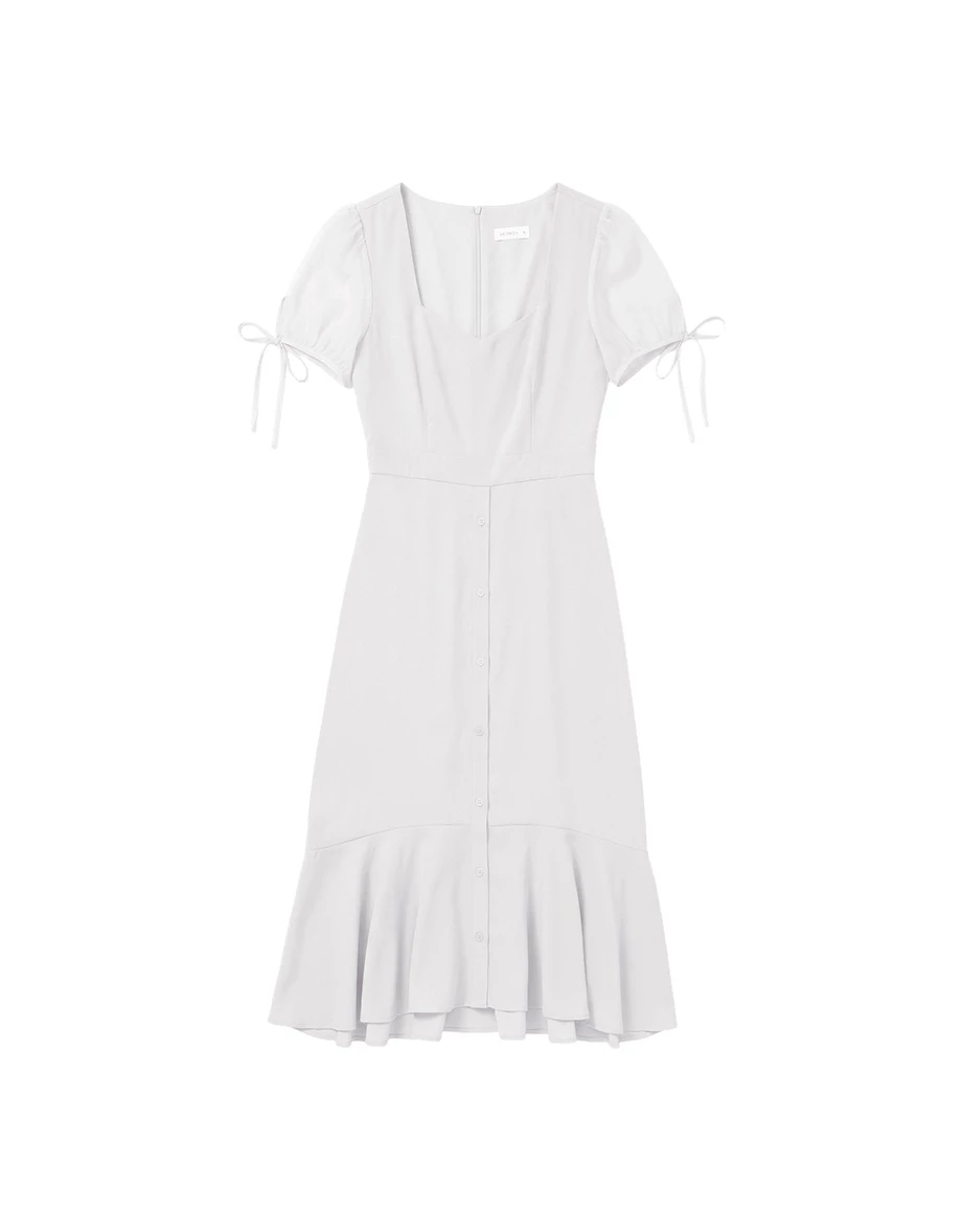 V領綁帶公主袖拼接荷葉裙擺長洋裝