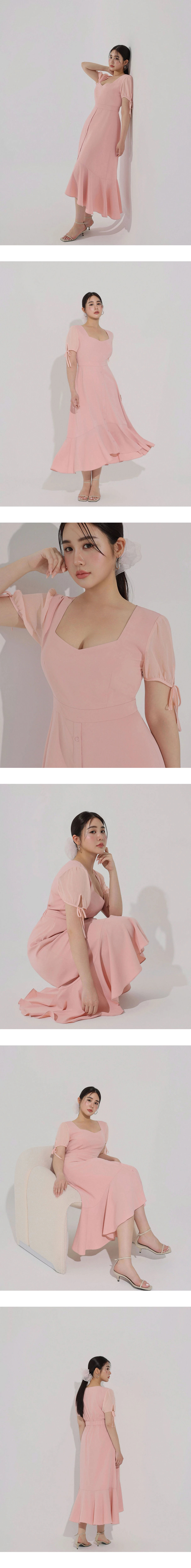 V領綁帶公主袖拼接荷葉裙擺長洋裝