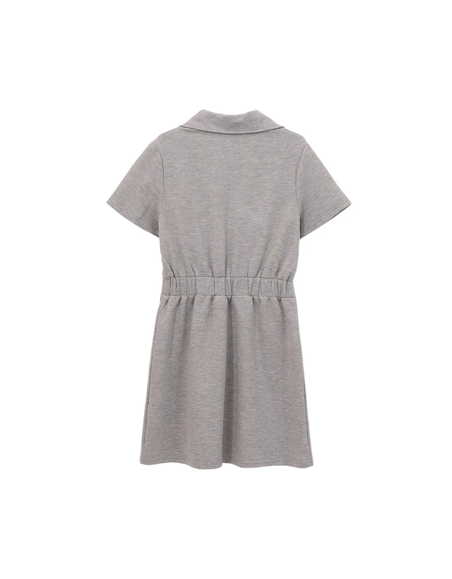 假兩件翻領拉鍊半開襟短袖收腰短洋裝