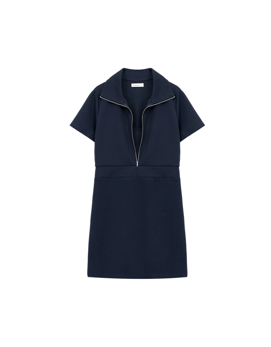 假兩件翻領拉鍊半開襟短袖收腰短洋裝