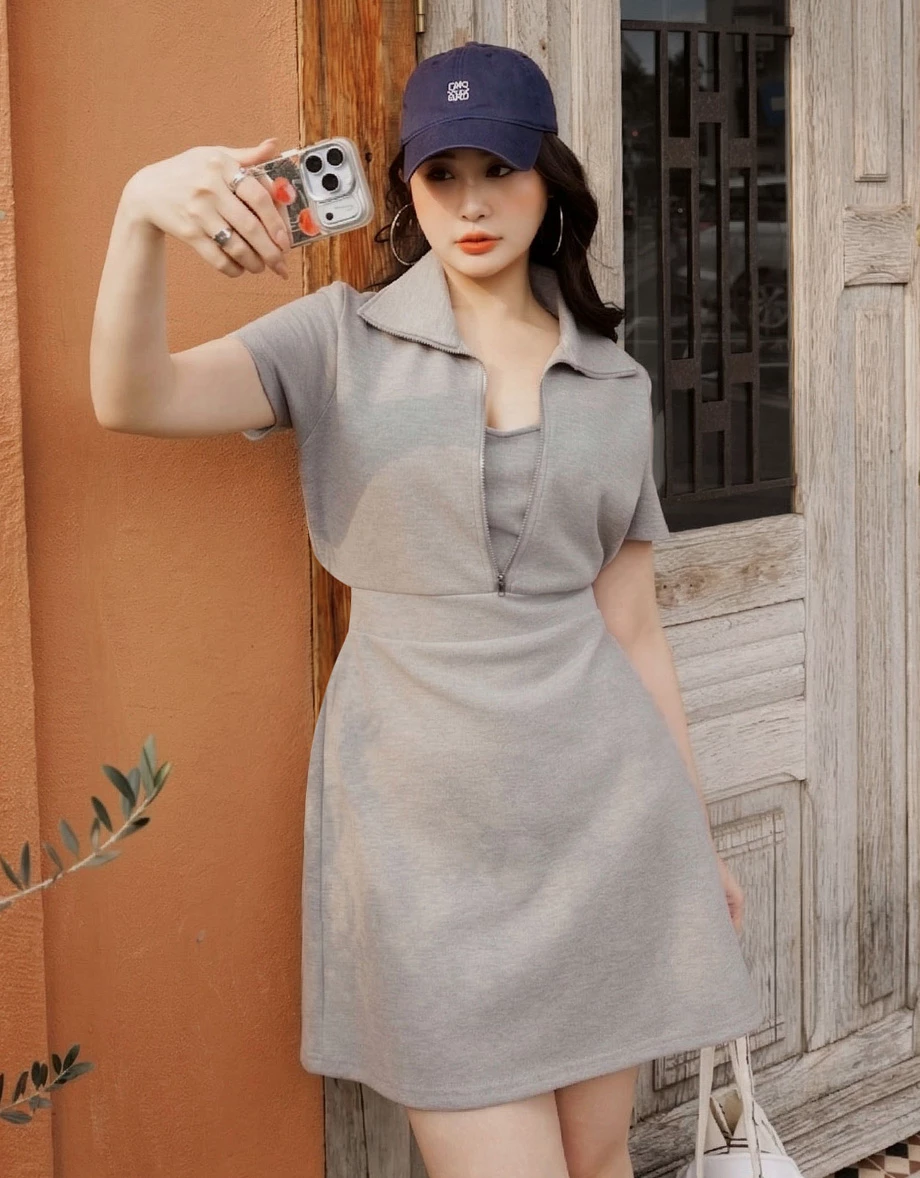 假兩件翻領拉鍊半開襟短袖收腰短洋裝