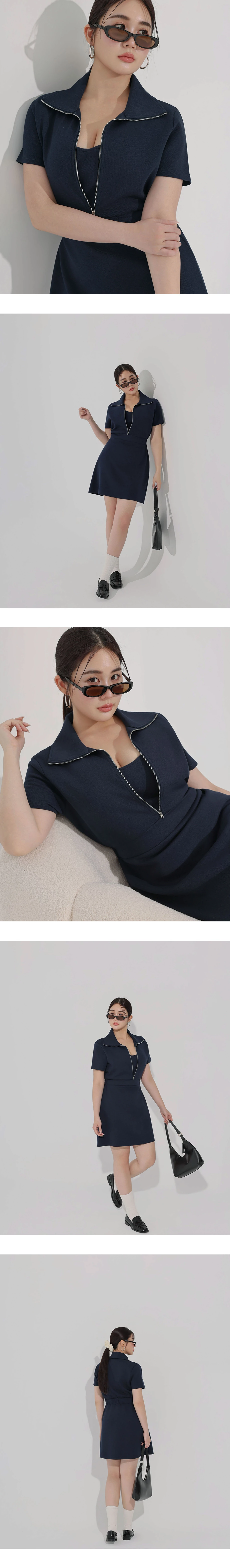 假兩件翻領拉鍊半開襟短袖收腰短洋裝