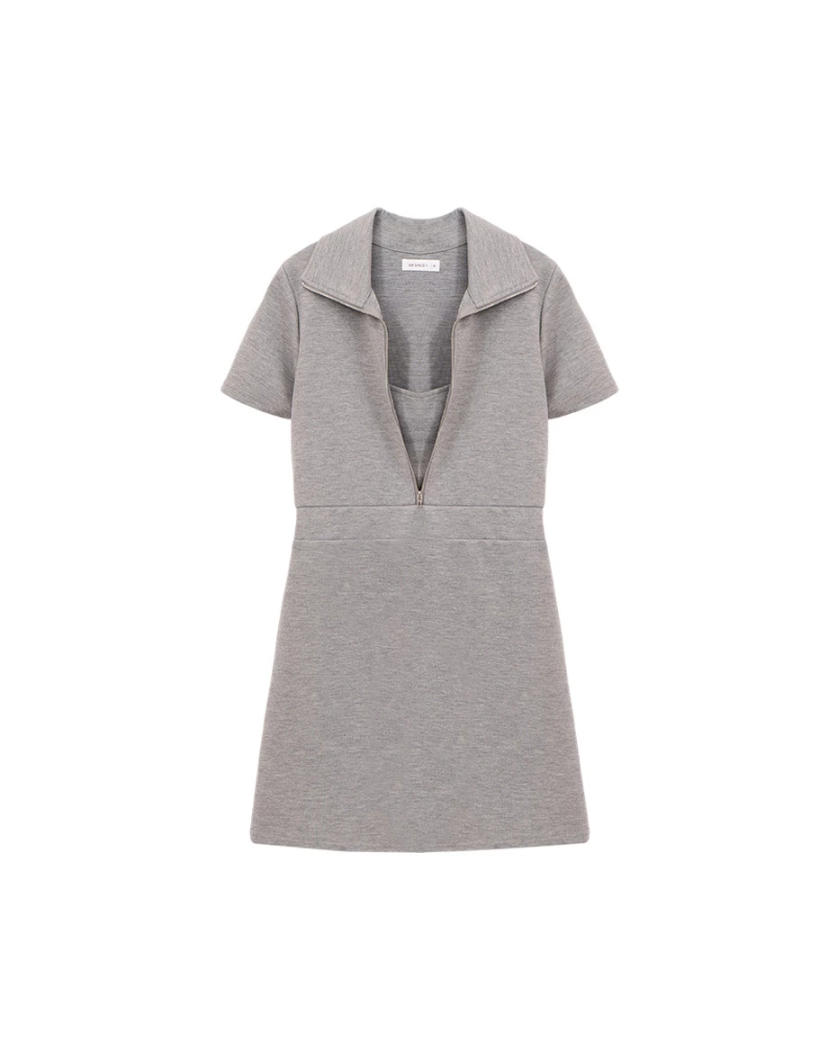 假兩件翻領拉鍊半開襟短袖收腰短洋裝