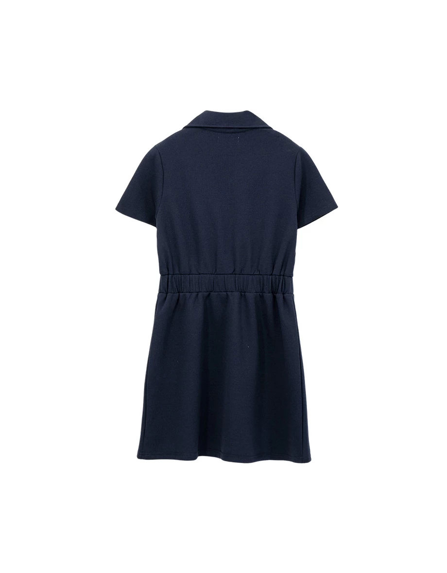 假兩件翻領拉鍊半開襟短袖收腰短洋裝