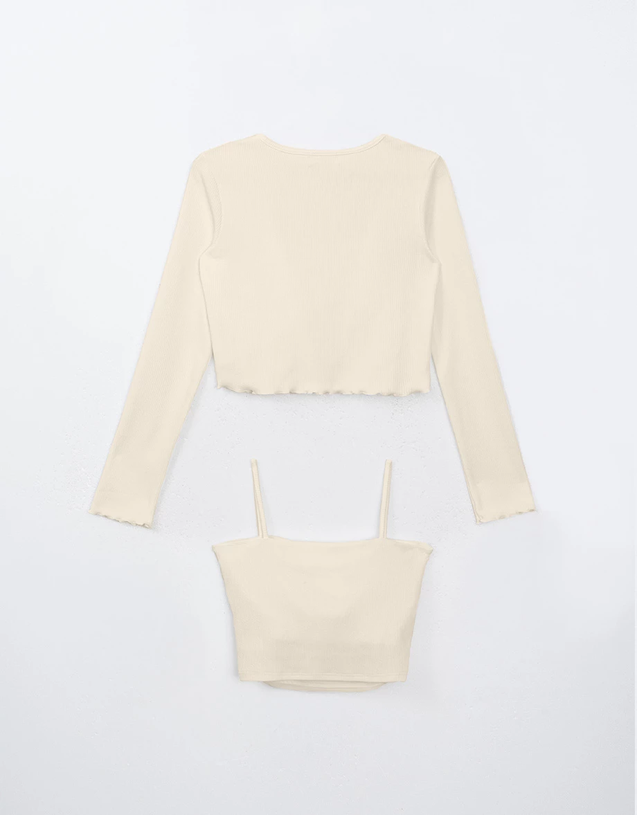 木耳邊長袖罩衫透紗細肩帶背心套裝(附胸墊) 木耳邊長袖罩衫透紗細肩帶背心套裝(附胸墊)