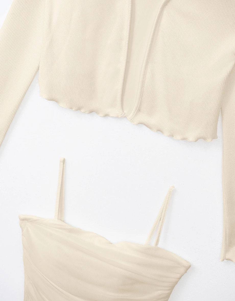 木耳邊長袖罩衫透紗細肩帶背心套裝(附胸墊) 木耳邊長袖罩衫透紗細肩帶背心套裝(附胸墊)