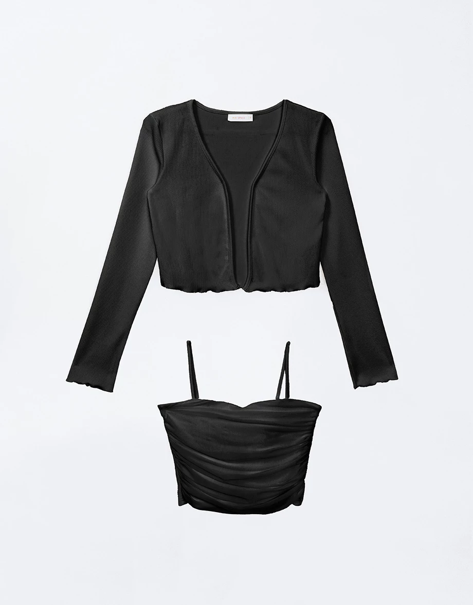 木耳邊長袖罩衫透紗細肩帶背心套裝(附胸墊)