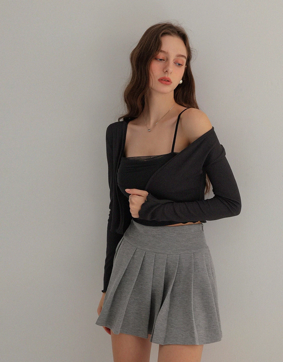 木耳邊長袖罩衫透紗細肩帶背心套裝(附胸墊)