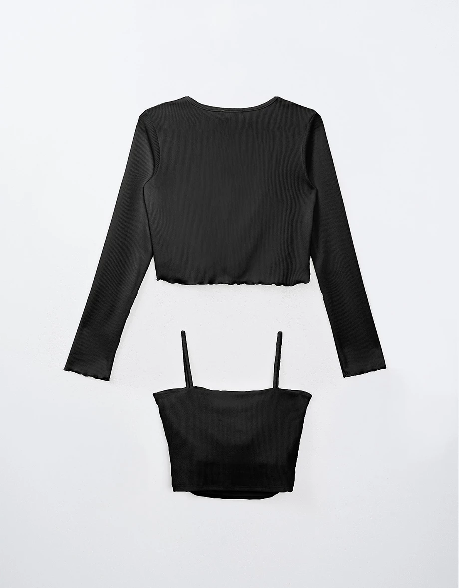 木耳邊長袖罩衫透紗細肩帶背心套裝(附胸墊)