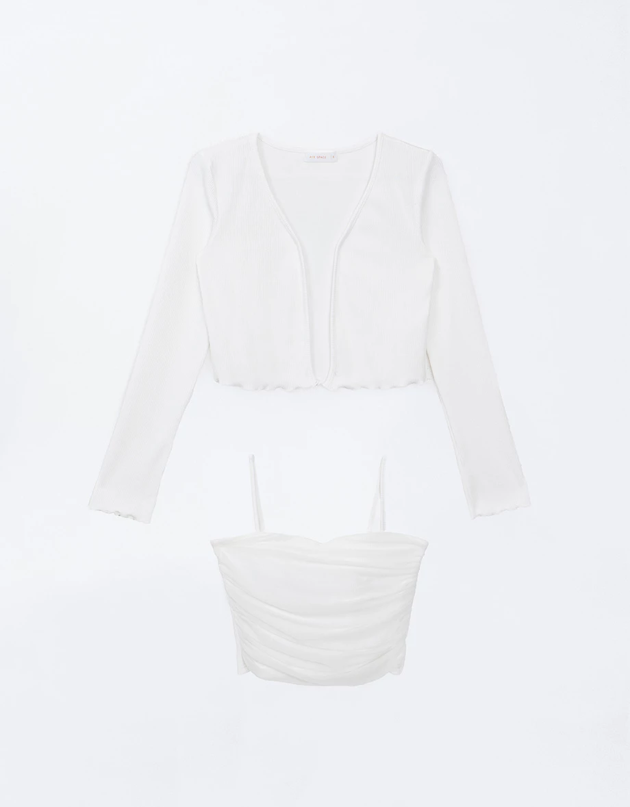 木耳邊長袖罩衫透紗細肩帶背心套裝(附胸墊)