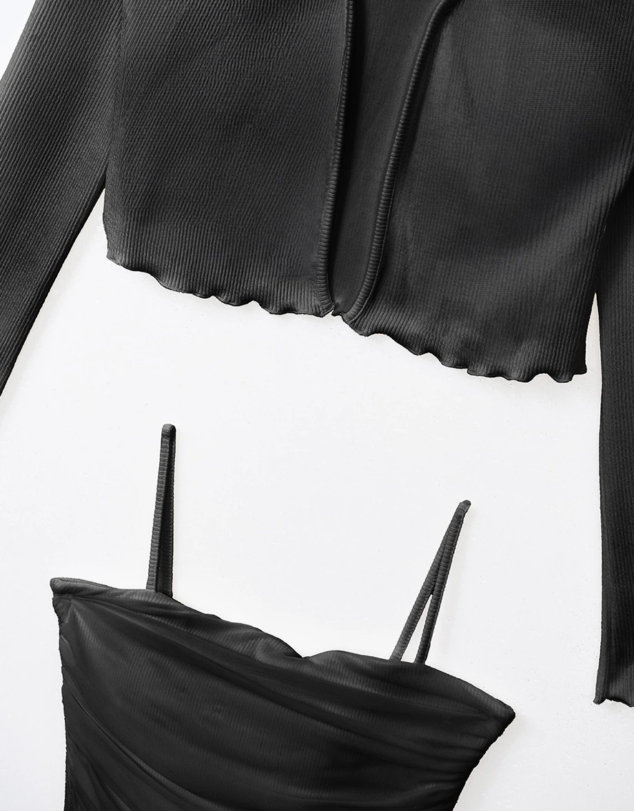 木耳邊長袖罩衫透紗細肩帶背心套裝(附胸墊)