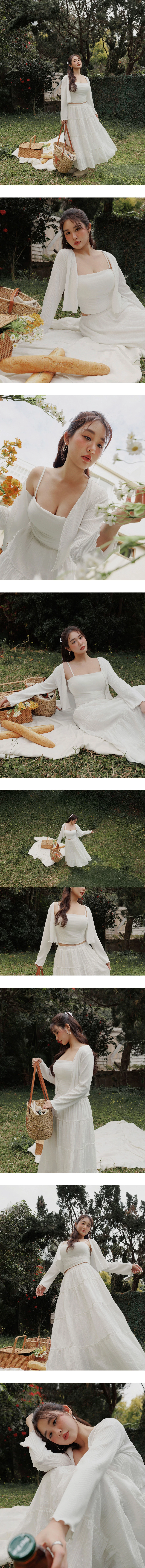 木耳邊長袖罩衫透紗細肩帶背心套裝(附胸墊)