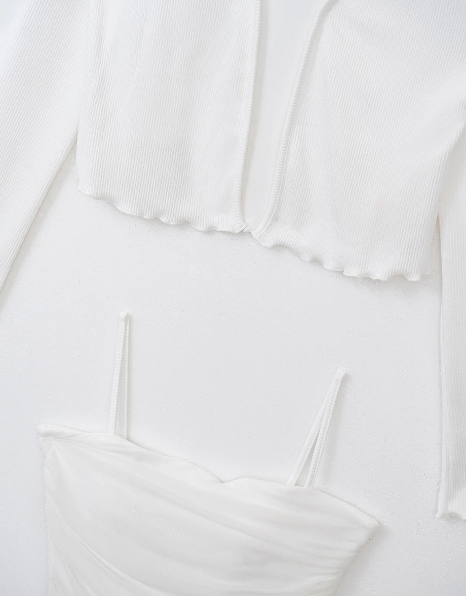 木耳邊長袖罩衫透紗細肩帶背心套裝(附胸墊)