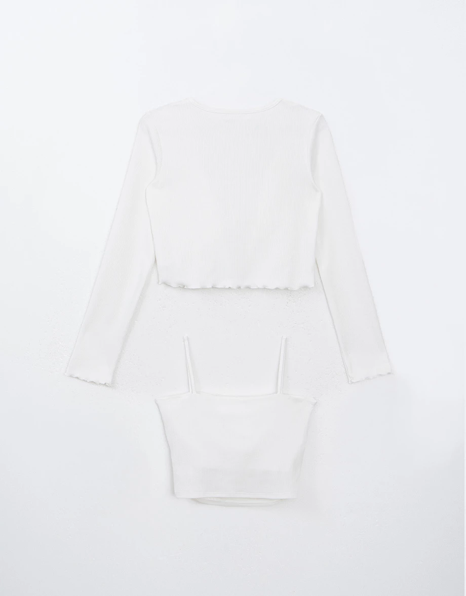 木耳邊長袖罩衫透紗細肩帶背心套裝(附胸墊)