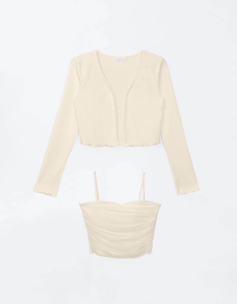 木耳邊長袖罩衫透紗細肩帶背心套裝(附胸墊) 木耳邊長袖罩衫透紗細肩帶背心套裝(附胸墊)