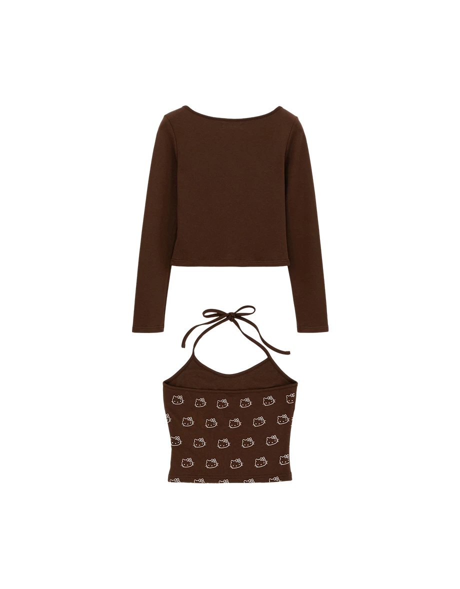 【Hello Kitty Collaboration】All Over Print Halter Camisole and Button Front Cardigan Set Wear