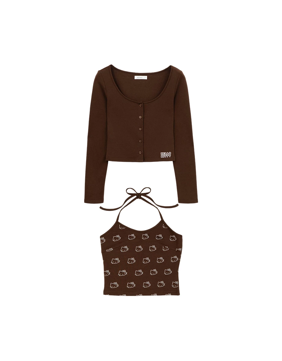 【Hello Kitty Collaboration】All Over Print Halter Camisole and Button Front Cardigan Set Wear
