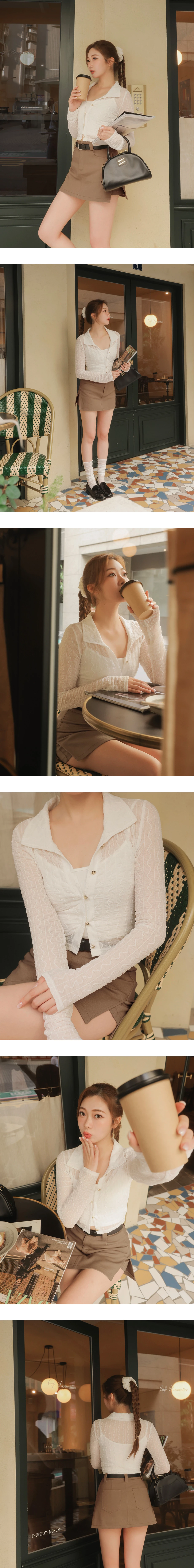 【HEYMAN聯名】翻領愛心扣開襟波紋皺褶透紗長袖上衣細肩帶背心套裝