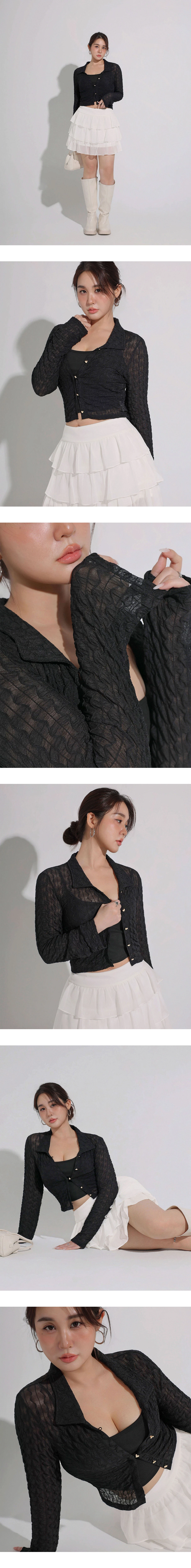 【HEYMAN聯名】翻領愛心扣開襟波紋皺褶透紗長袖上衣細肩帶背心套裝